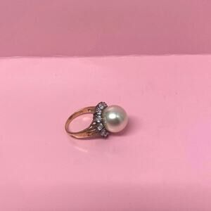 HC Marked Sterling Silver Ring with Big Faux Pearl and CZ Gold Plated Size 8